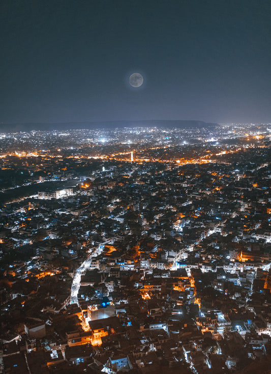 "Moonrise Over the Pink City" Nahargarh Fort Night View, Jaipur - Wall Photo Frame by Jeet Khagram